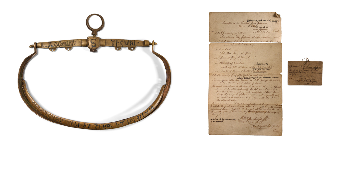 'The Kirkleavington' Medieval Purse Frame with letter detailing its discovery dated 1847